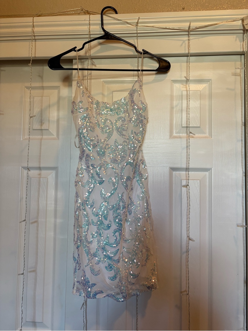 Sequin Beaded White & Light Iridescent  Spaghetti Strap Dress